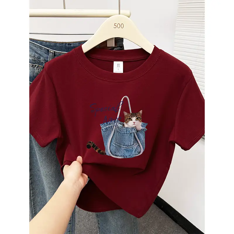 Kitten Print Round Neck Short-Sleeved T-Shirt for Women Summer New Korean Style Work Clothing Fashion Slim Right Shoulder Top for Small People
