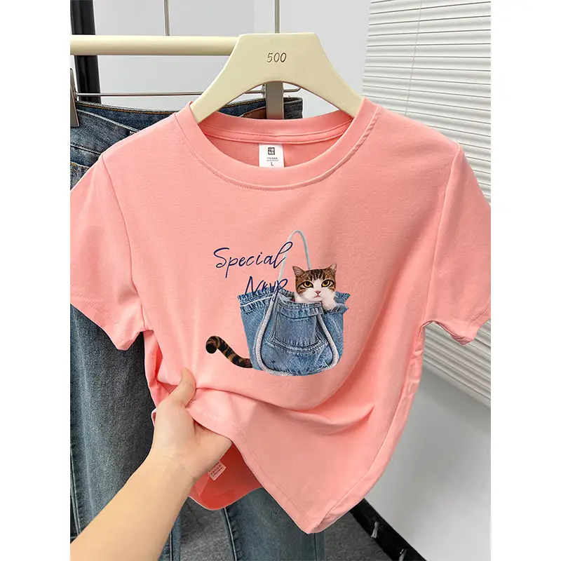 Kitten Print Round Neck Short-Sleeved T-Shirt for Women Summer New Korean Style Work Clothing Fashion Slim Right Shoulder Top for Small People
