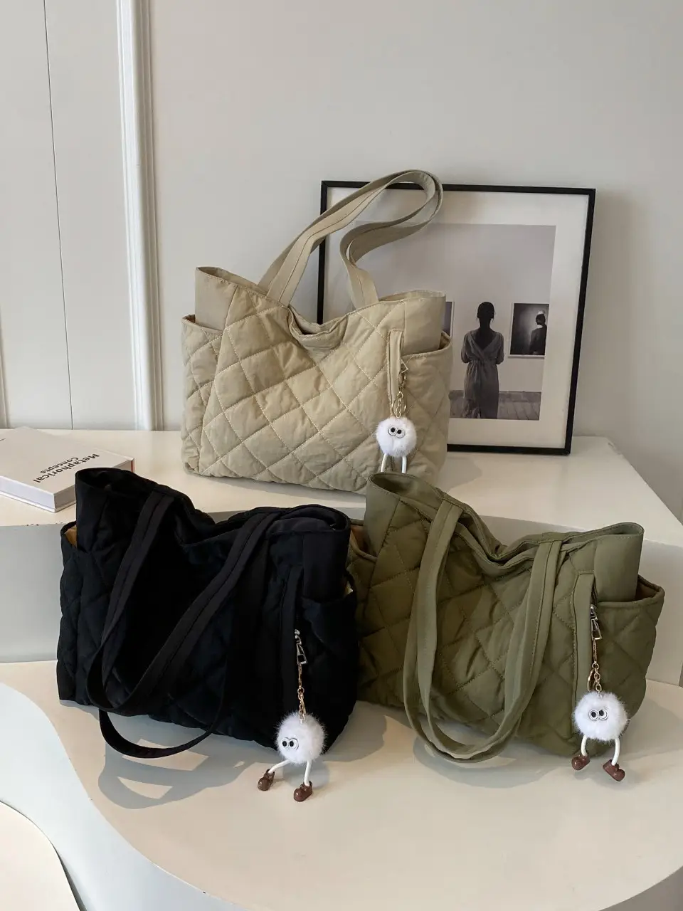 Women Quilted Shoulder Bag Olive Green 2023 New - Image 5