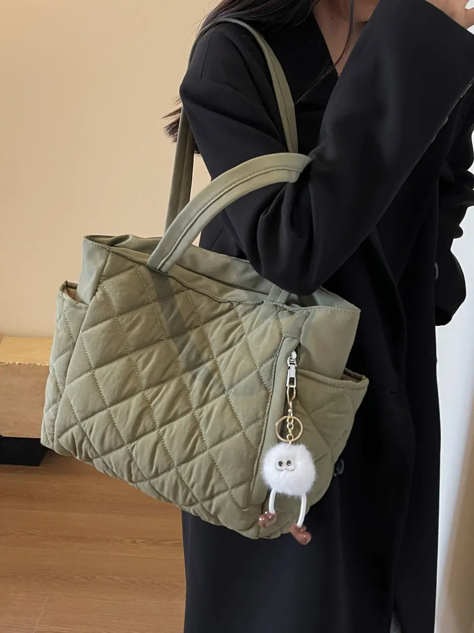 Women Quilted Shoulder Bag Olive Green 2023 New - Image 7
