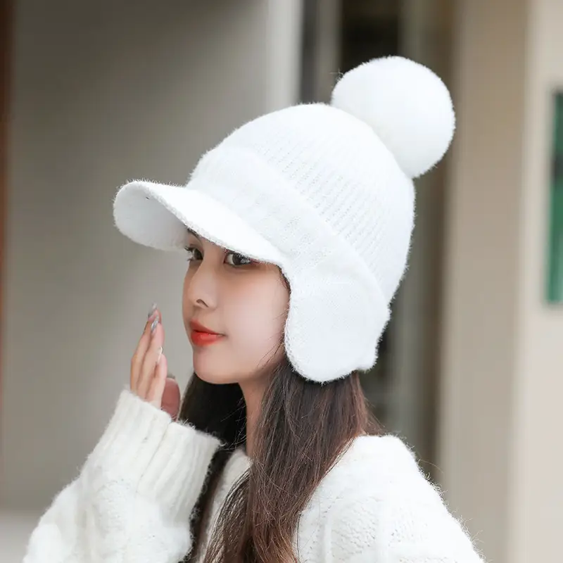 Pink Knitted Ear Cap with Pom Pom for Women - Image 5