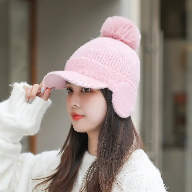 Pink Knitted Ear Cap with Pom Pom for Women - Image 7