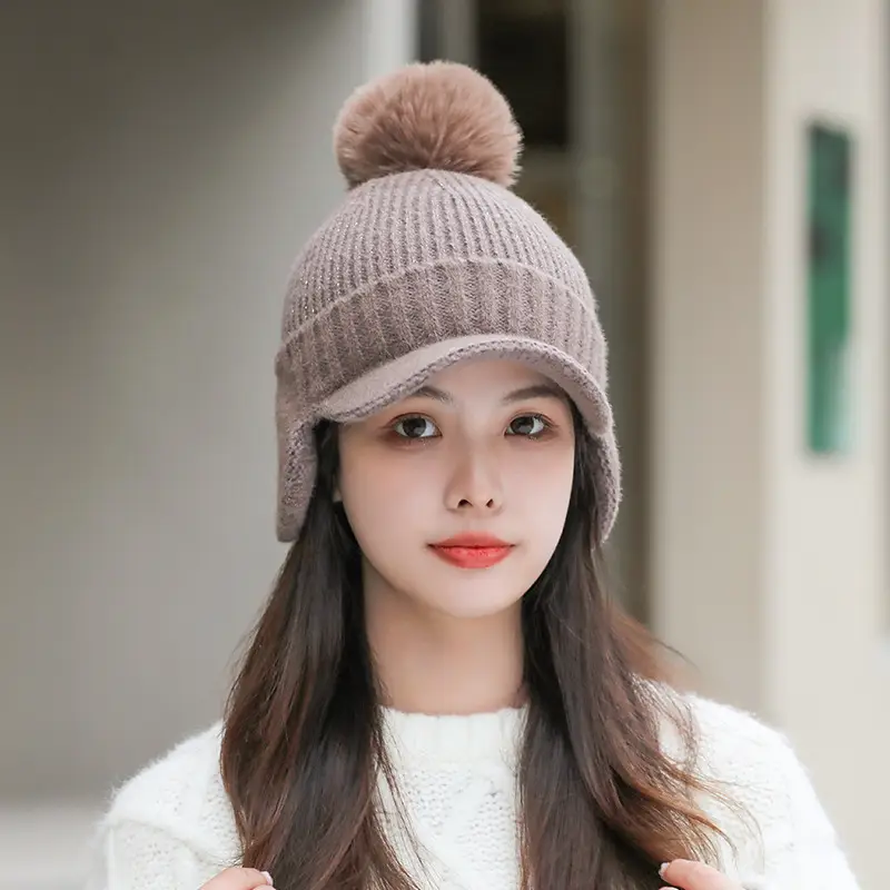 Pink Knitted Ear Cap with Pom Pom for Women - Image 8