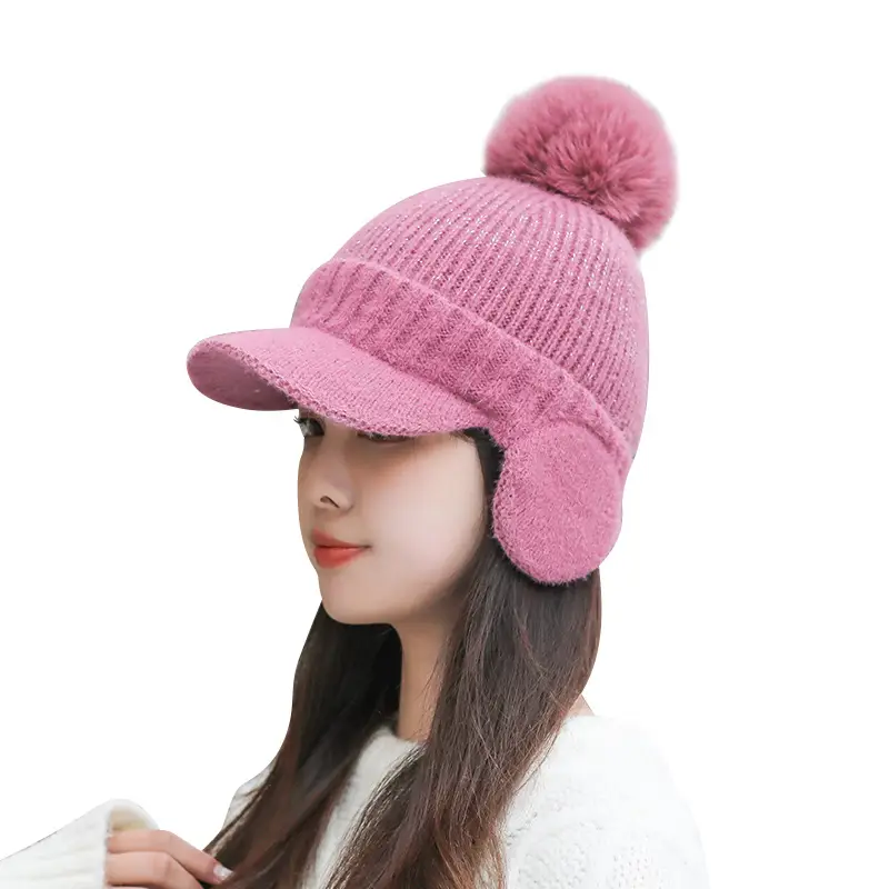 Pink Knitted Ear Cap with Pom Pom for Women - Image 9