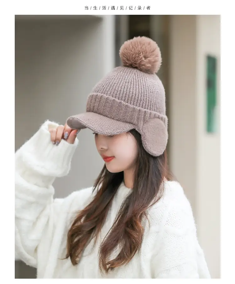 Pink Knitted Ear Cap with Pom Pom for Women — feature 10