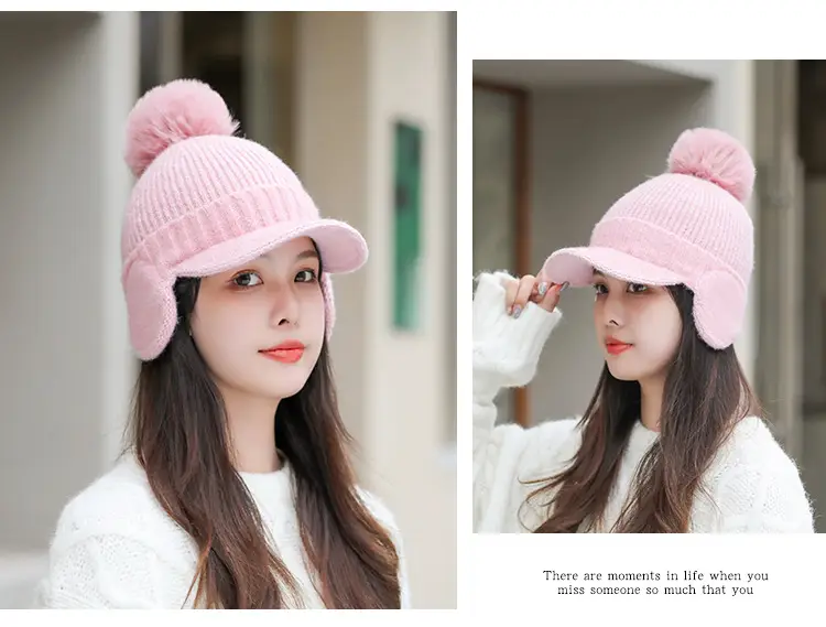 Pink Knitted Ear Cap with Pom Pom for Women — feature 11