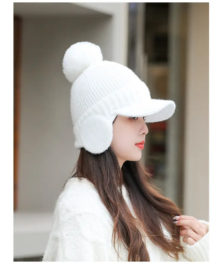 Pink Knitted Ear Cap with Pom Pom for Women — feature 13
