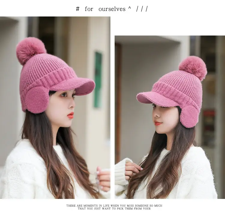 Pink Knitted Ear Cap with Pom Pom for Women — feature 14