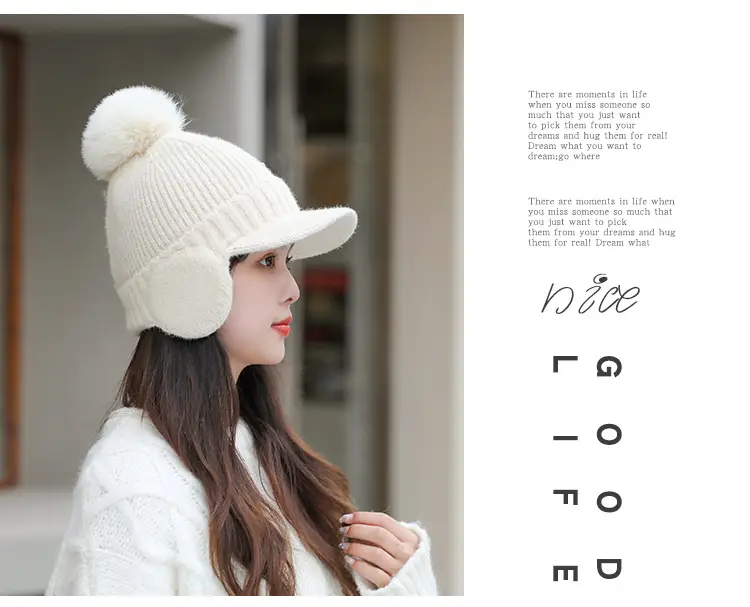 Pink Knitted Ear Cap with Pom Pom for Women — feature 16