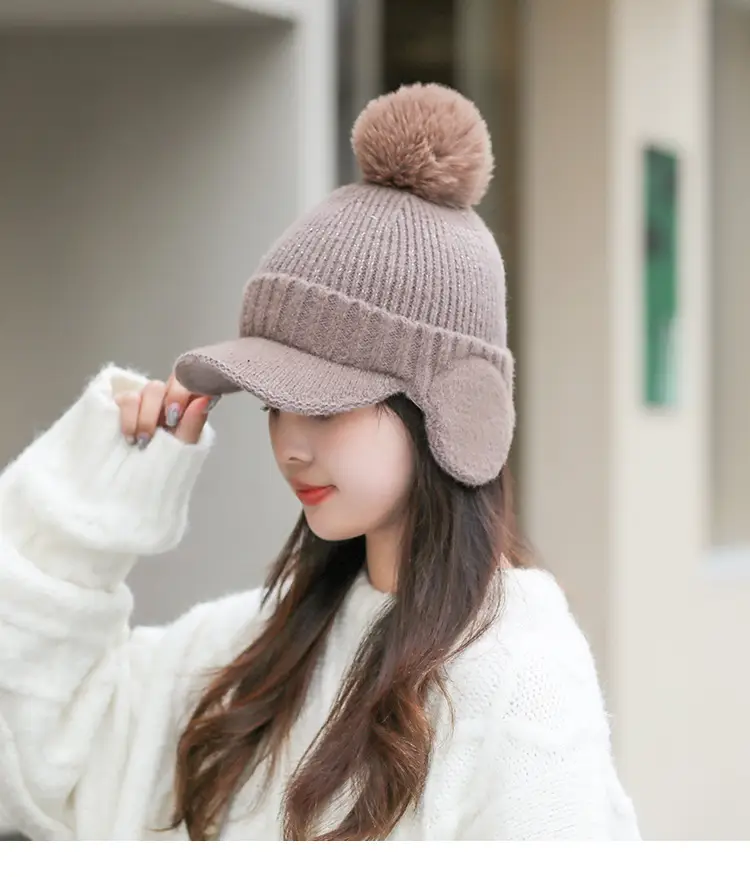 Pink Knitted Ear Cap with Pom Pom for Women — feature 3