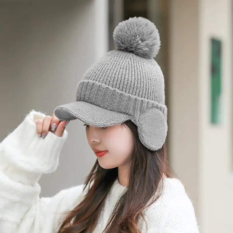 Pink Knitted Ear Cap with Pom Pom for Women - Image 2