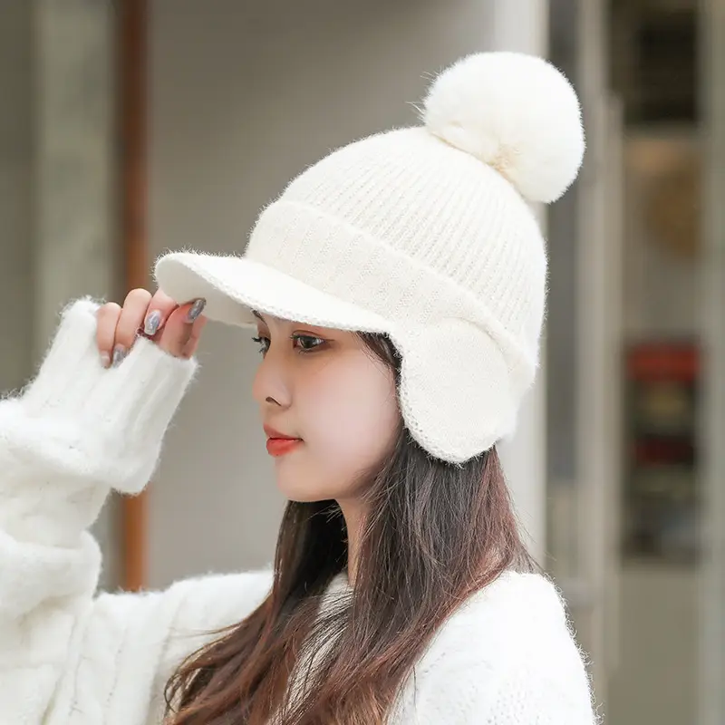 Pink Knitted Ear Cap with Pom Pom for Women - Image 3