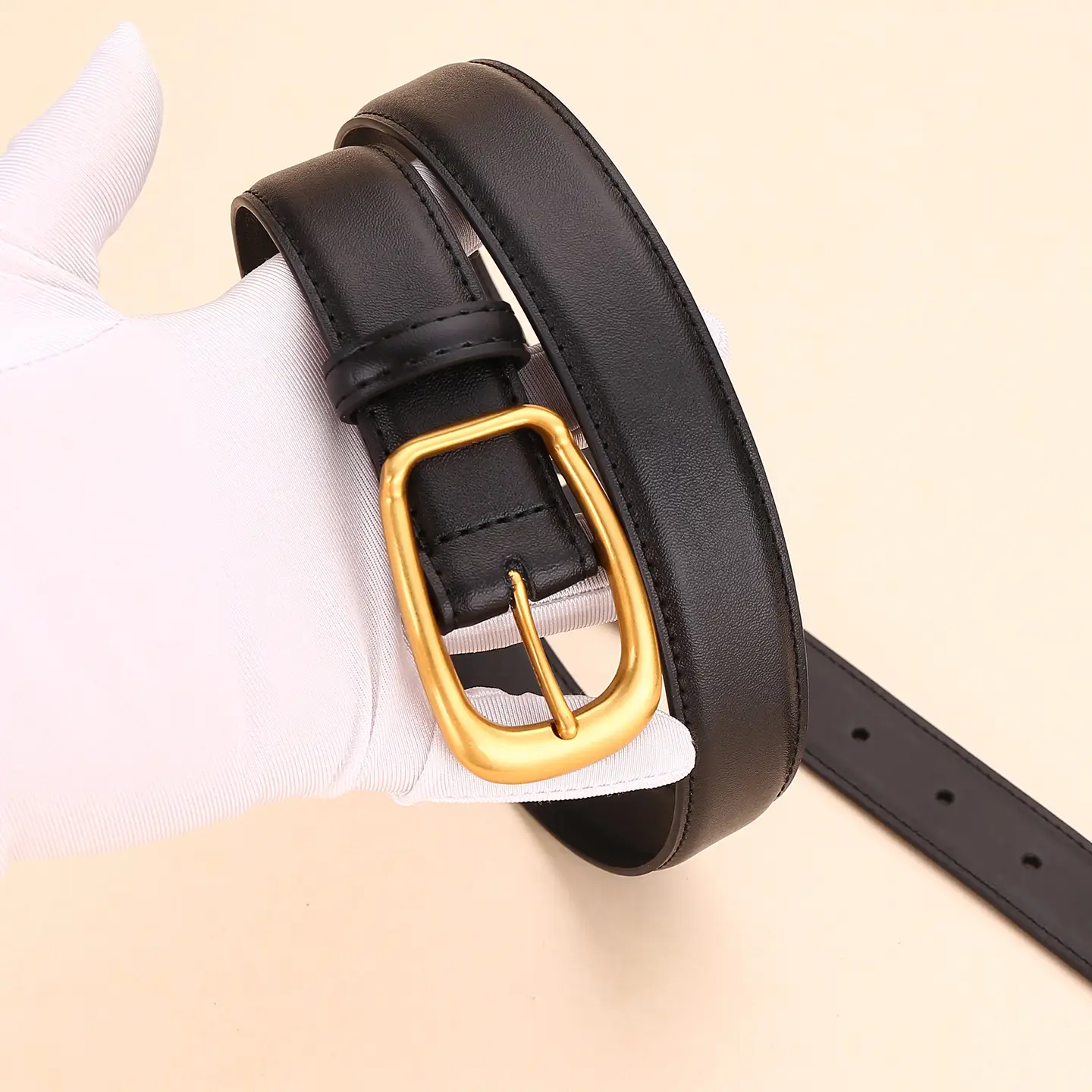Women's Black Leather Belt with Gold Buckle - Image 8