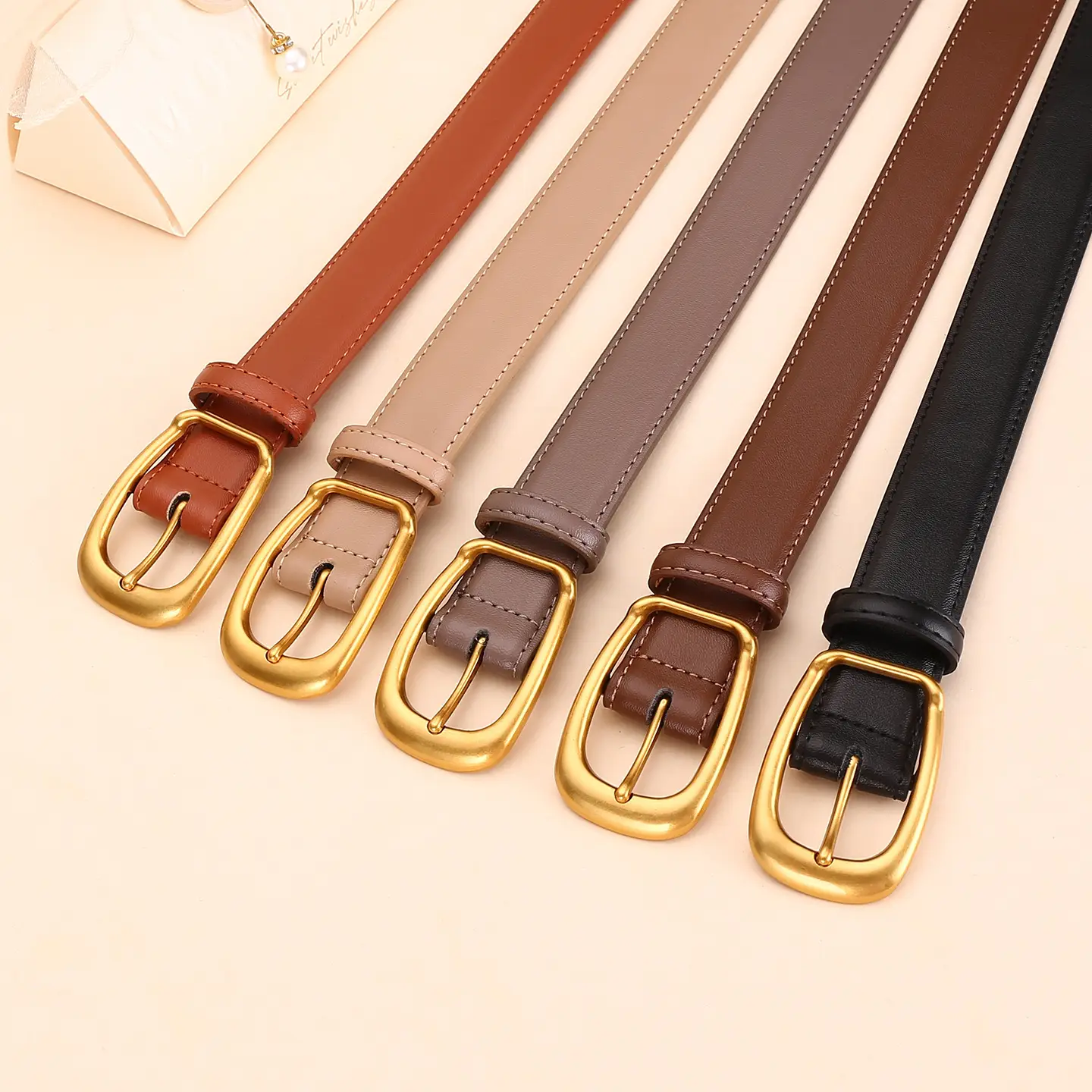 Women's Black Leather Belt with Gold Buckle - Image 9