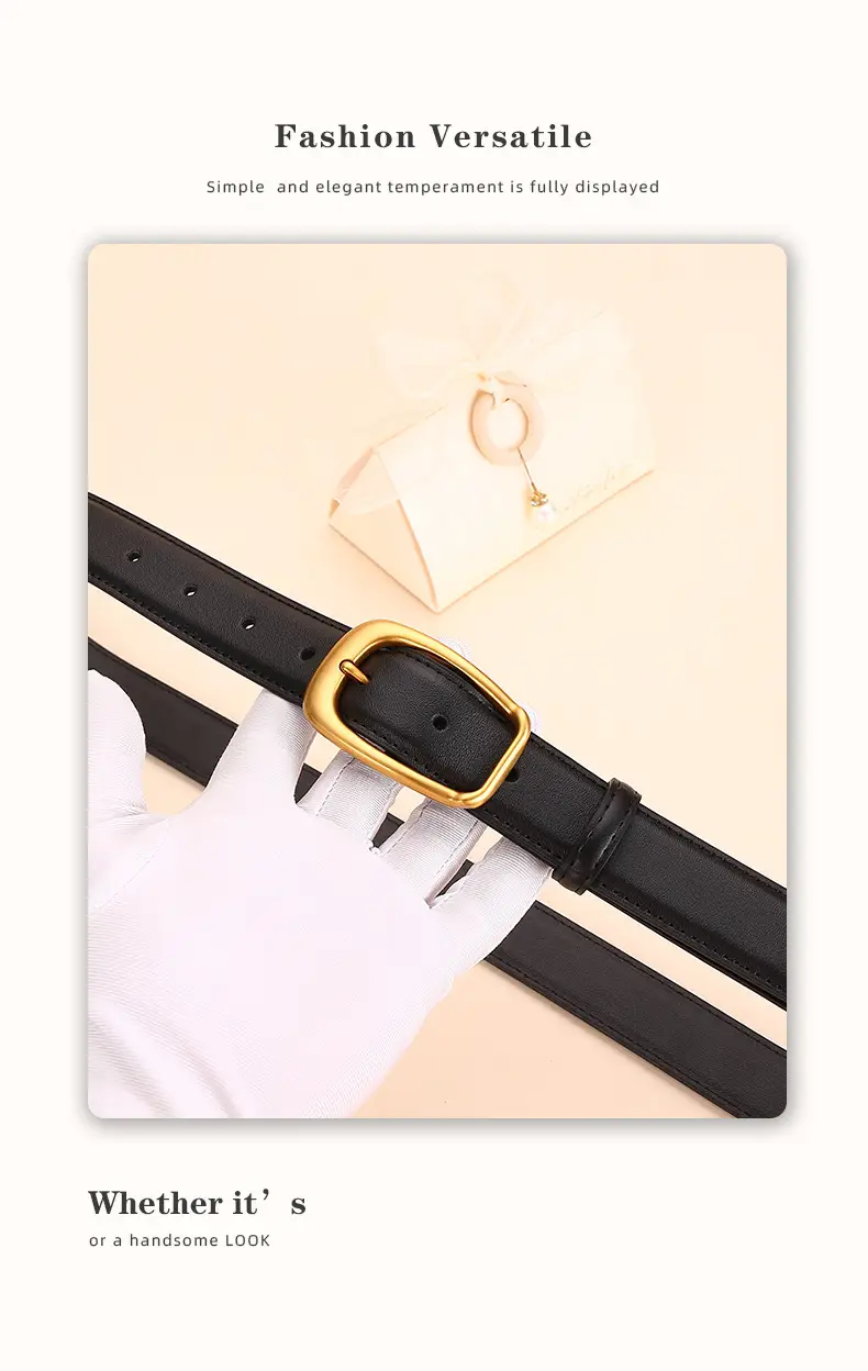Women's Black Leather Belt with Gold Buckle — feature 15