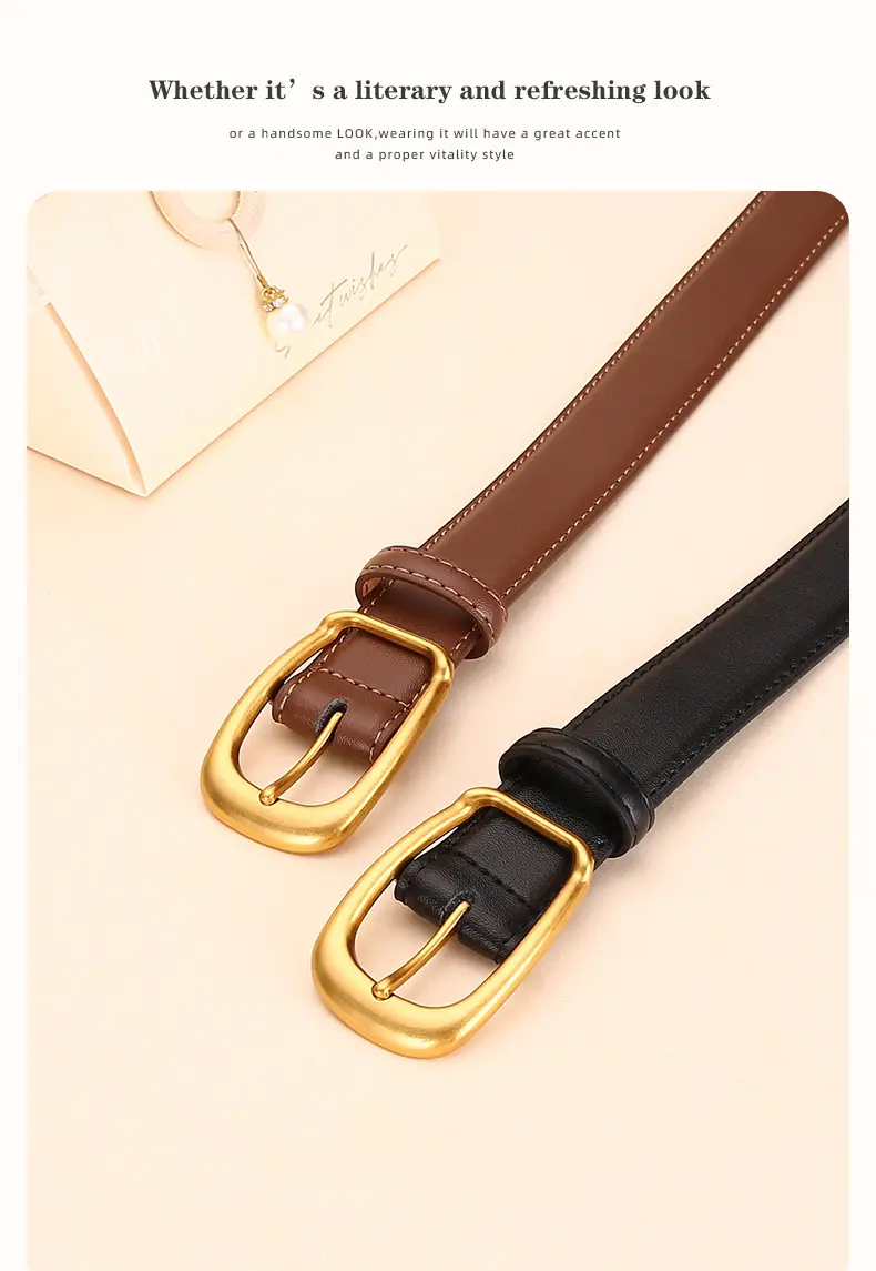 Women's Black Leather Belt with Gold Buckle — feature 19
