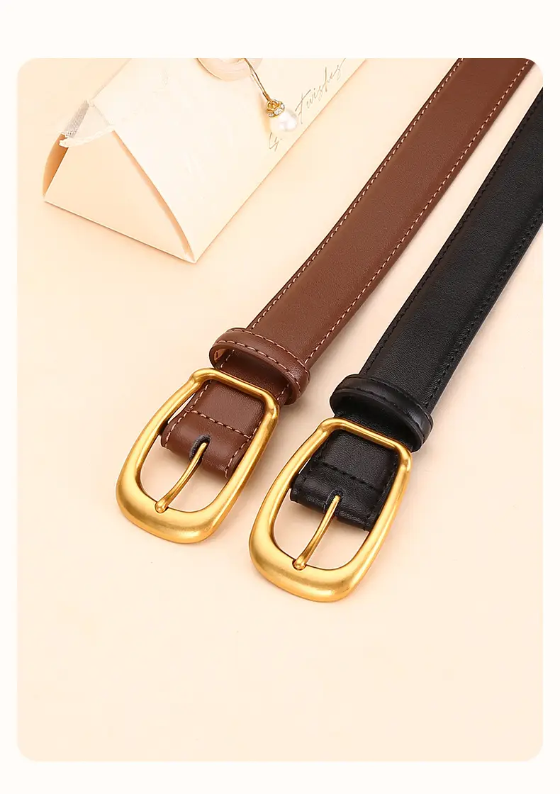 Women's Black Leather Belt with Gold Buckle — feature 23