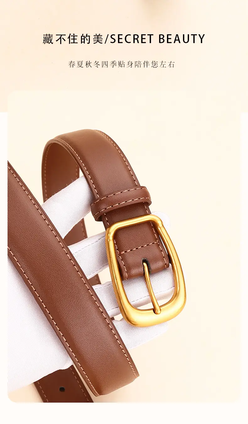 Women's Black Leather Belt with Gold Buckle — feature 3