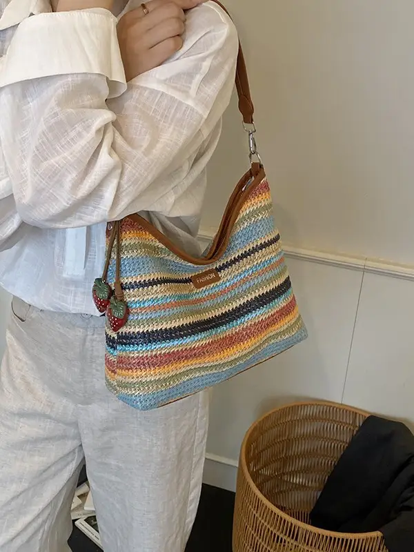 Color-Blocking Woven Shoulder Bag for Women 2025 - Image 3