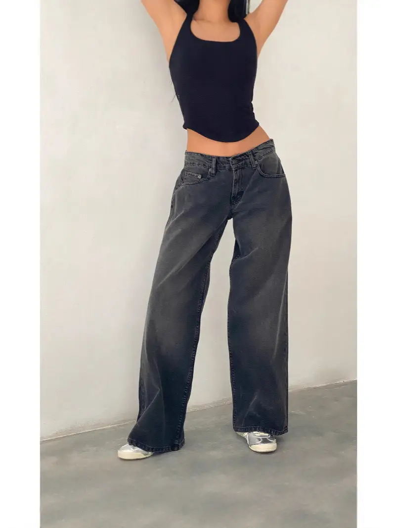 American Vintage High Waist Non-Elastic Washed Straight-Leg Jeans Women's Autumn New Street Wide Leg Denim Women's Pants