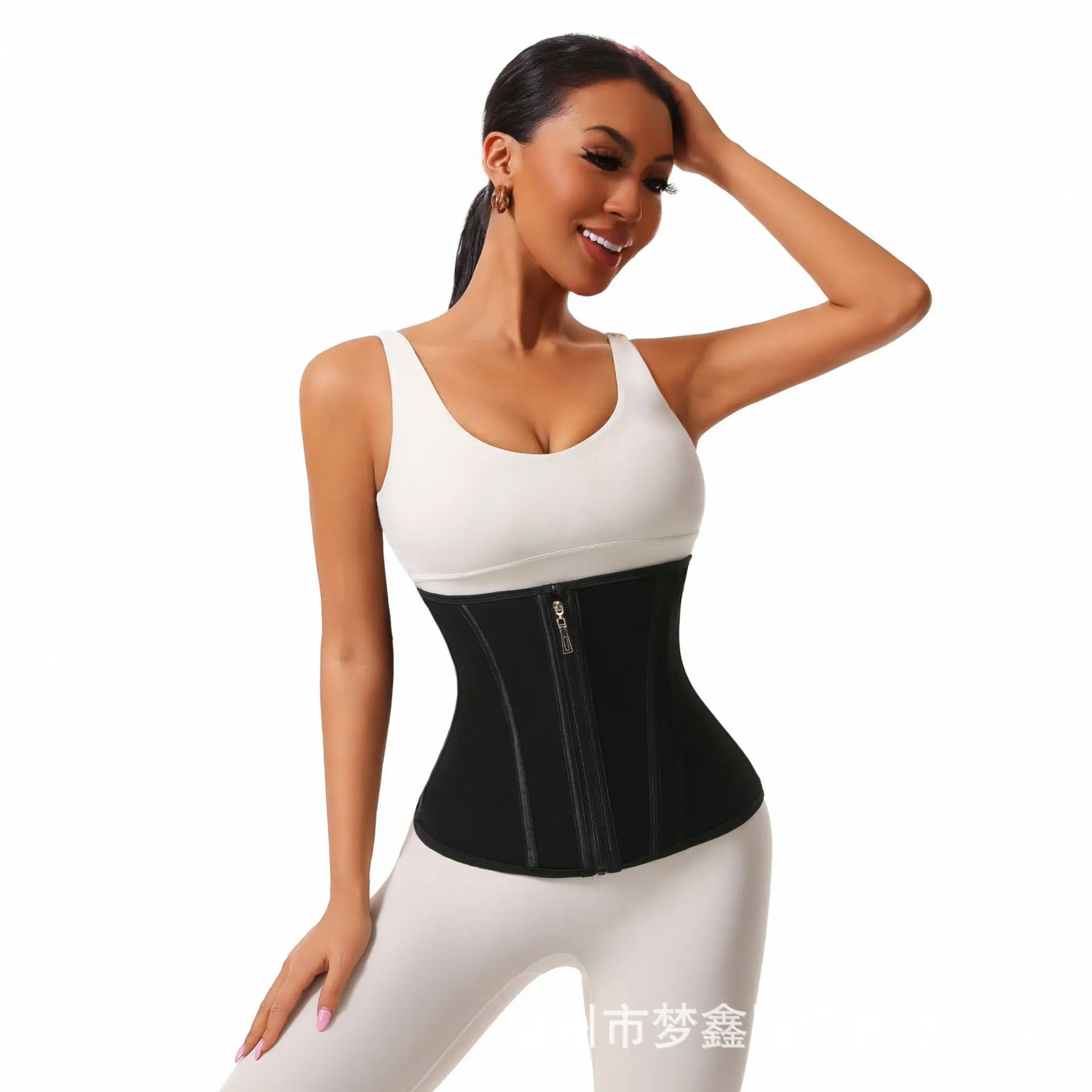 Black Mesh Waistband Tummy Shapewear Belt with Zipper - Image 3