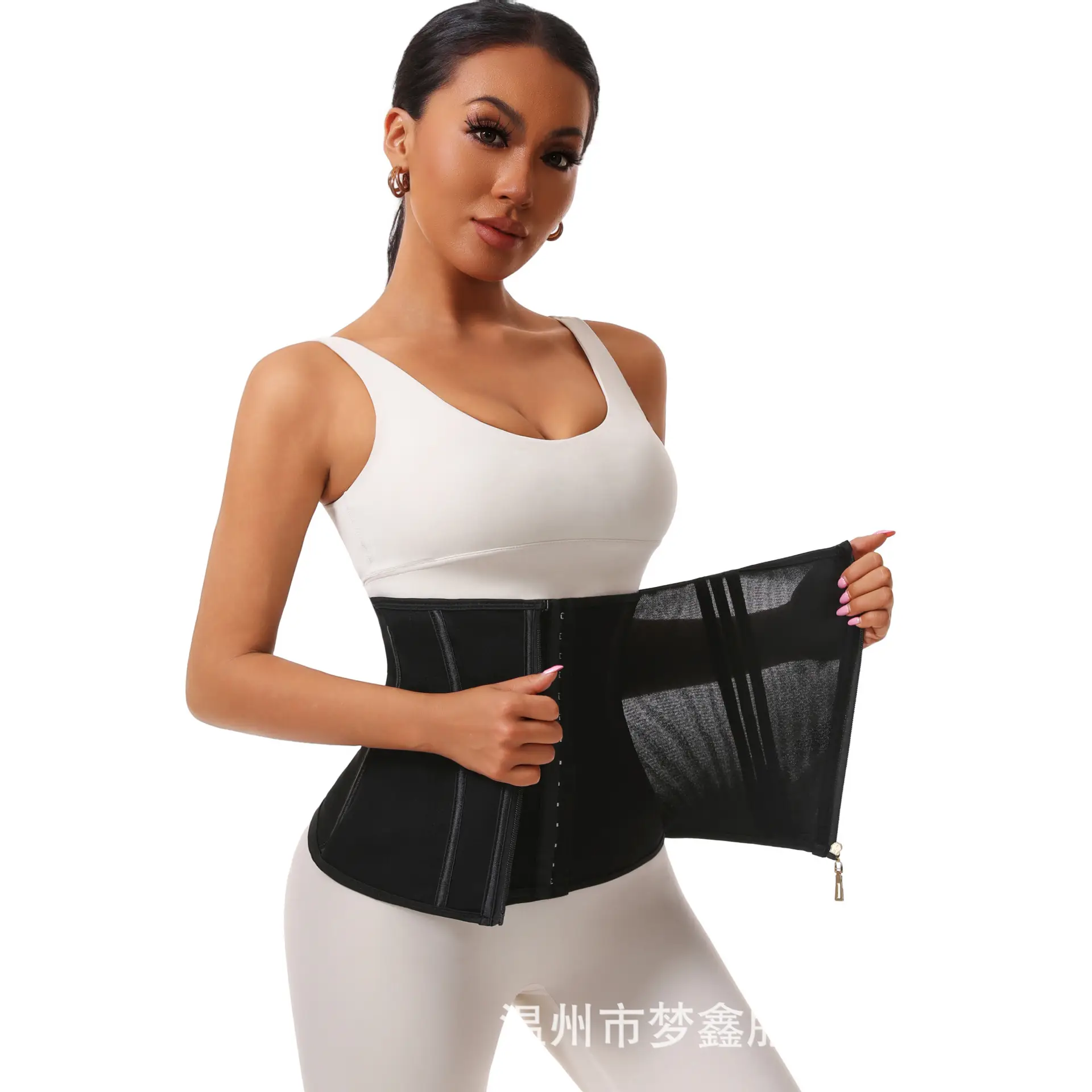 Black Mesh Waistband Tummy Shapewear Belt with Zipper - Image 4