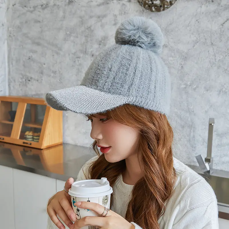 Korean Style Women's New Fur Ball Knitted Baseball Cap - Image 8