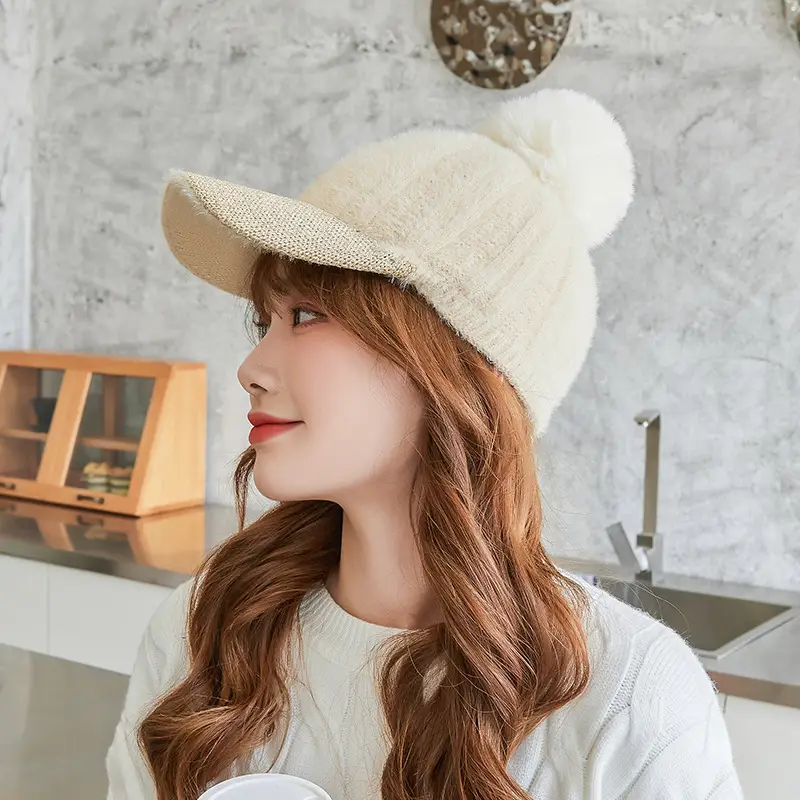 Korean Style Women's New Fur Ball Knitted Baseball Cap - Image 9