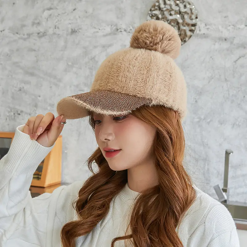 Korean Style Women's New Fur Ball Knitted Baseball Cap - Image 10