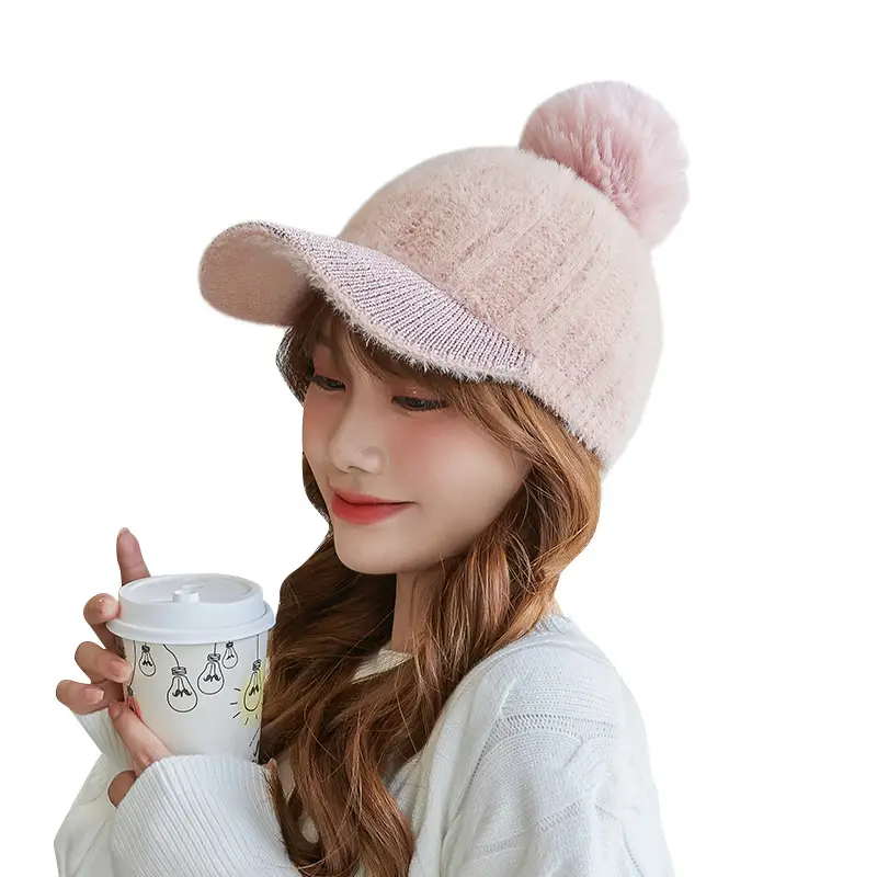 Korean Style Women's New Fur Ball Knitted Baseball Cap - Image 11