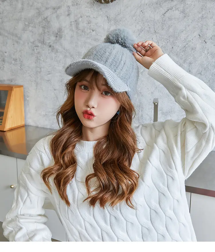 Korean Style Women's New Fur Ball Knitted Baseball Cap — feature 3