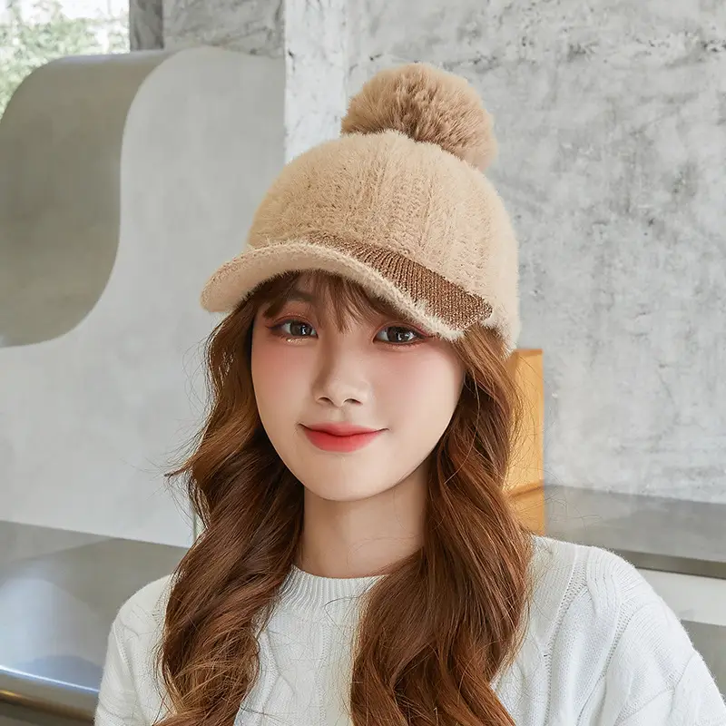 Korean Style Women's New Fur Ball Knitted Baseball Cap - Image 3