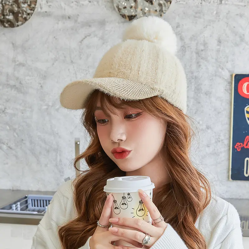 Korean Style Women's New Fur Ball Knitted Baseball Cap - Image 4