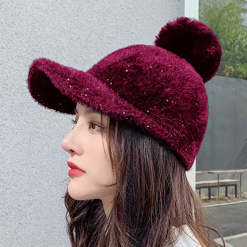 Korean Style Women's New Fur Ball Knitted Baseball Cap - Image 6