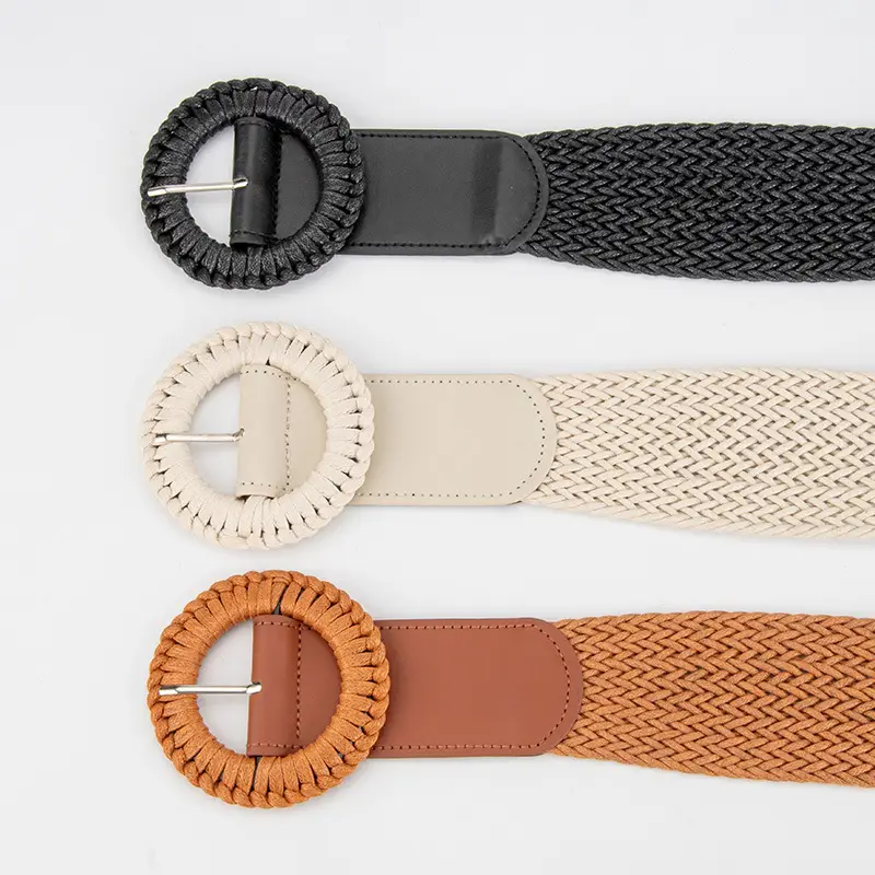 Women's Woven Belt with Round Buckle Brown - Image 5
