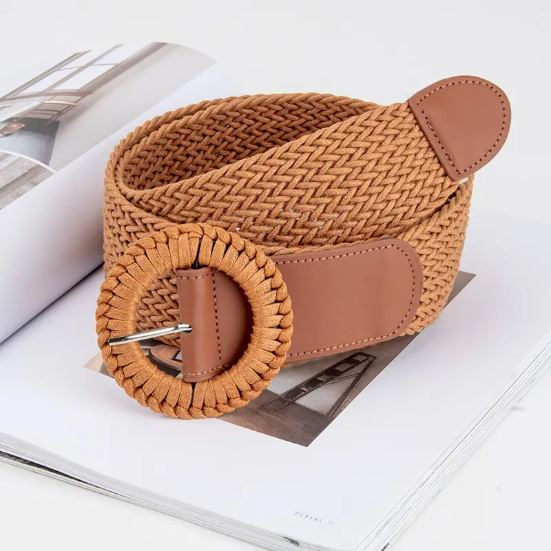 Women's Woven Belt with Round Buckle Brown - Image 6