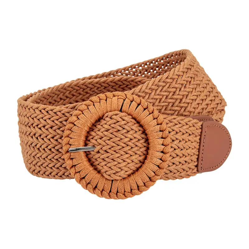 Women's Woven Belt with Round Buckle Brown - Image 8