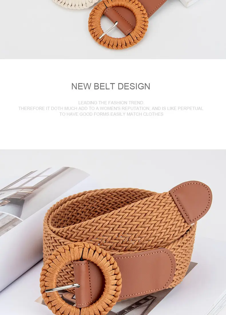 Women's Woven Belt with Round Buckle Brown — feature 10