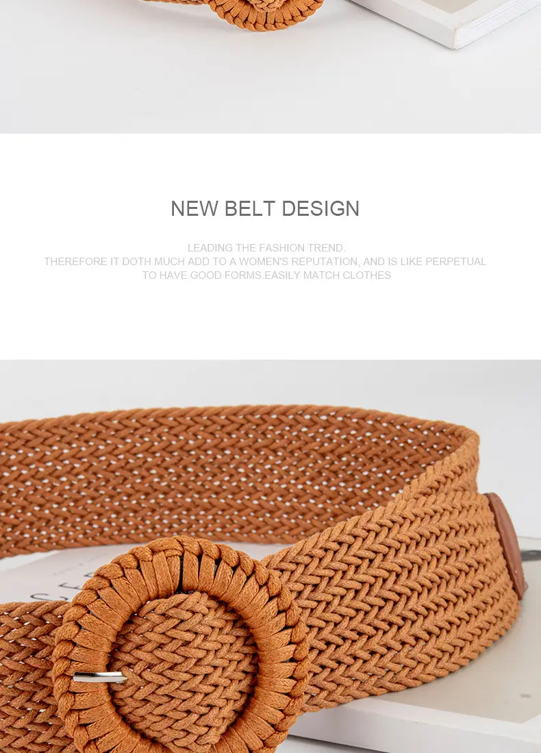 Women's Woven Belt with Round Buckle Brown — feature 12