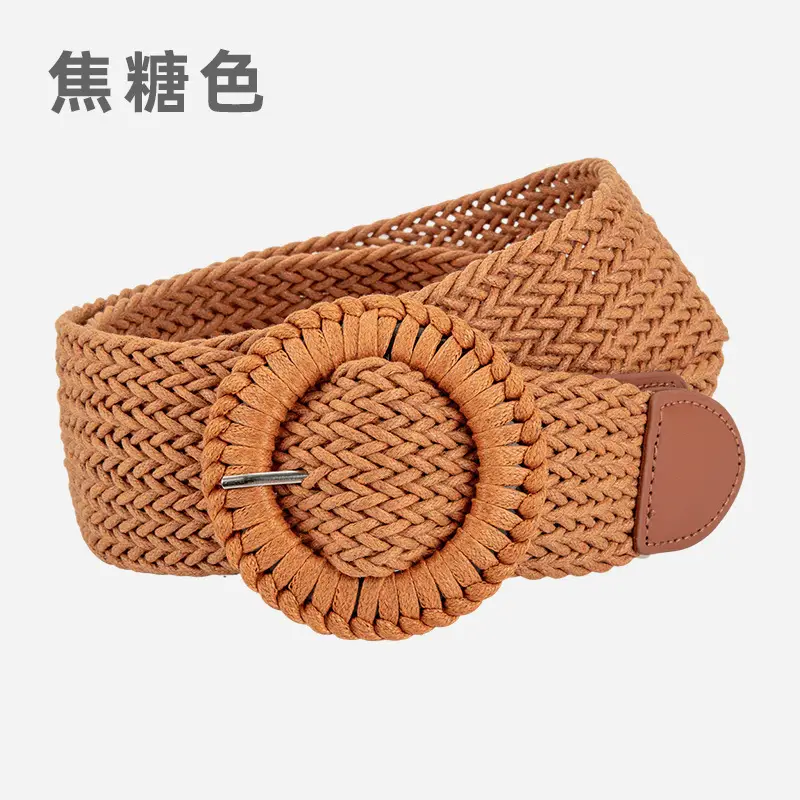 Women's Woven Belt with Round Buckle Brown - Image 2