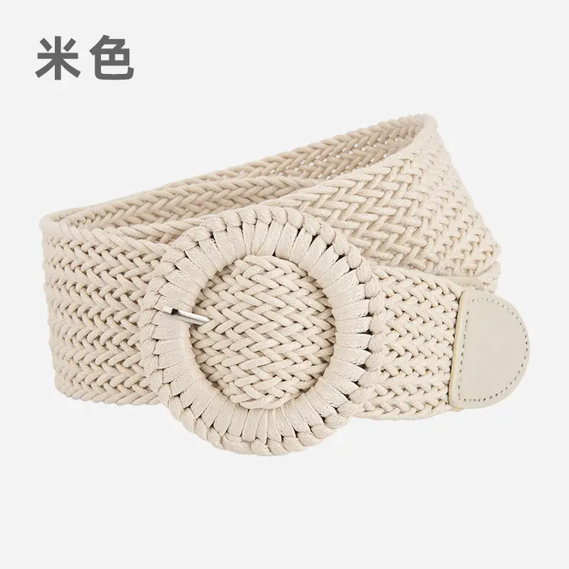 Women's Woven Belt with Round Buckle Brown - Image 3