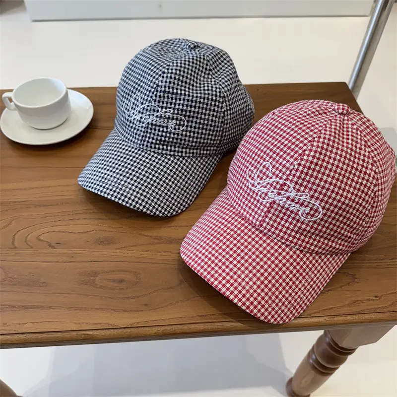 Korean Style Red Checkered Baseball Cap for Men Women