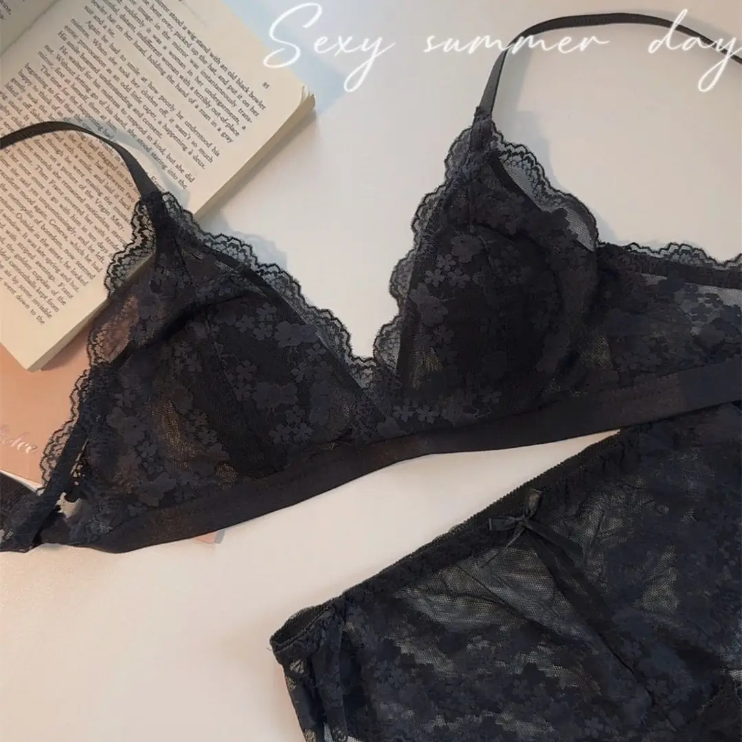 French Lace Sexy Women's Triangle Cup Underwear Small Breasts Summer Ultra-Thin Breathable Beautiful Back Bra — feature 8
