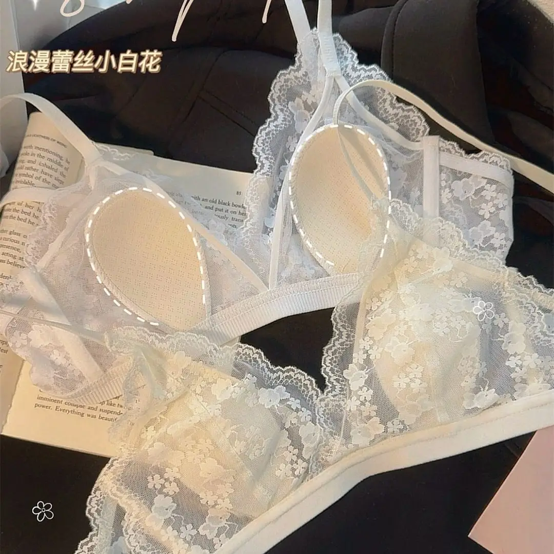 French Lace Sexy Women's Triangle Cup Underwear Small Breasts Summer Ultra-Thin Breathable Beautiful Back Bra — feature 9