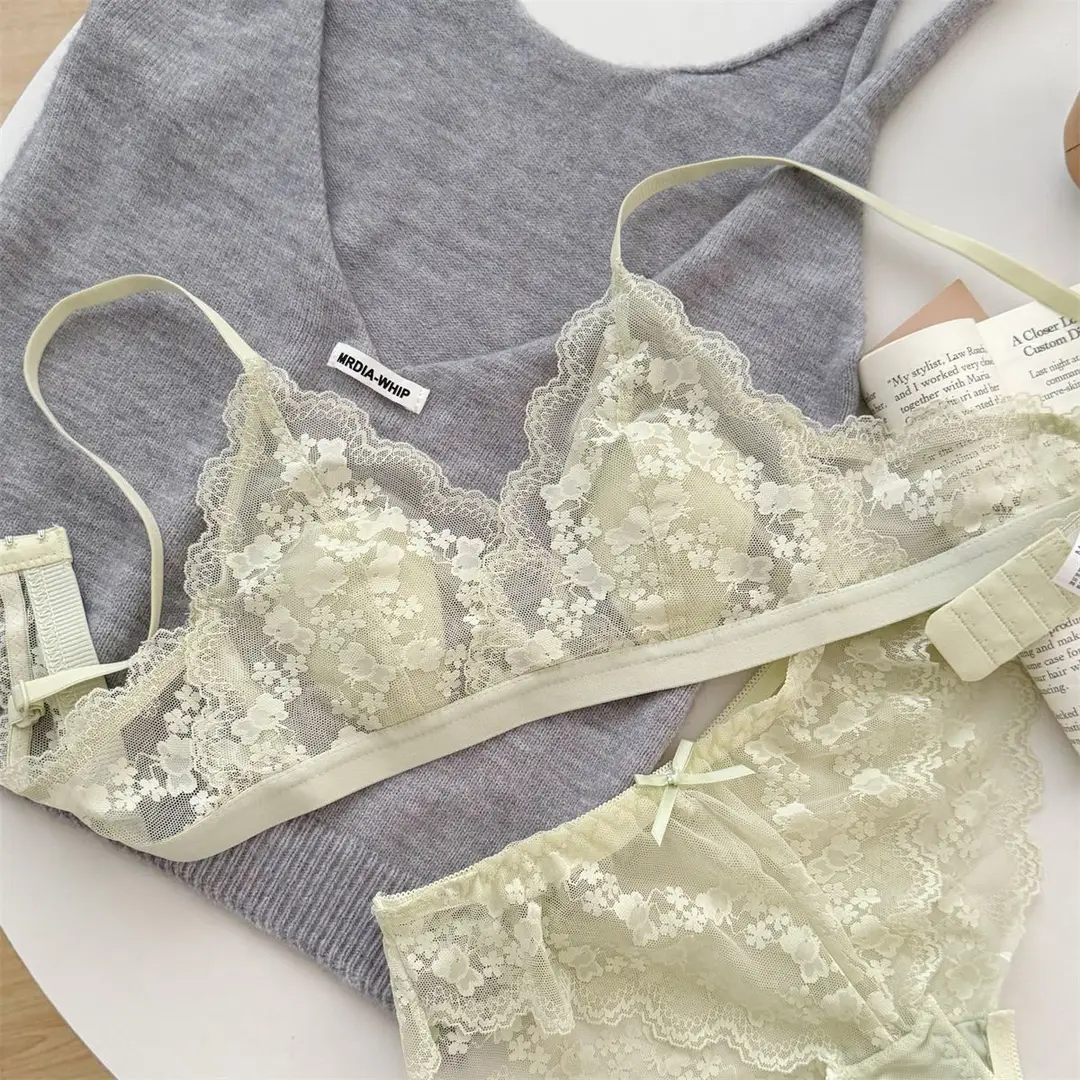French Lace Sexy Women's Triangle Cup Underwear Small Breasts Summer Ultra-Thin Breathable Beautiful Back Bra