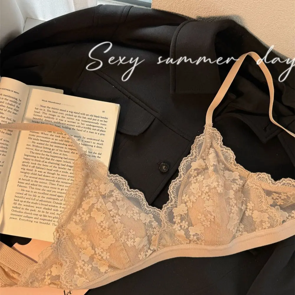 French Lace Sexy Women's Triangle Cup Underwear Small Breasts Summer Ultra-Thin Breathable Beautiful Back Bra