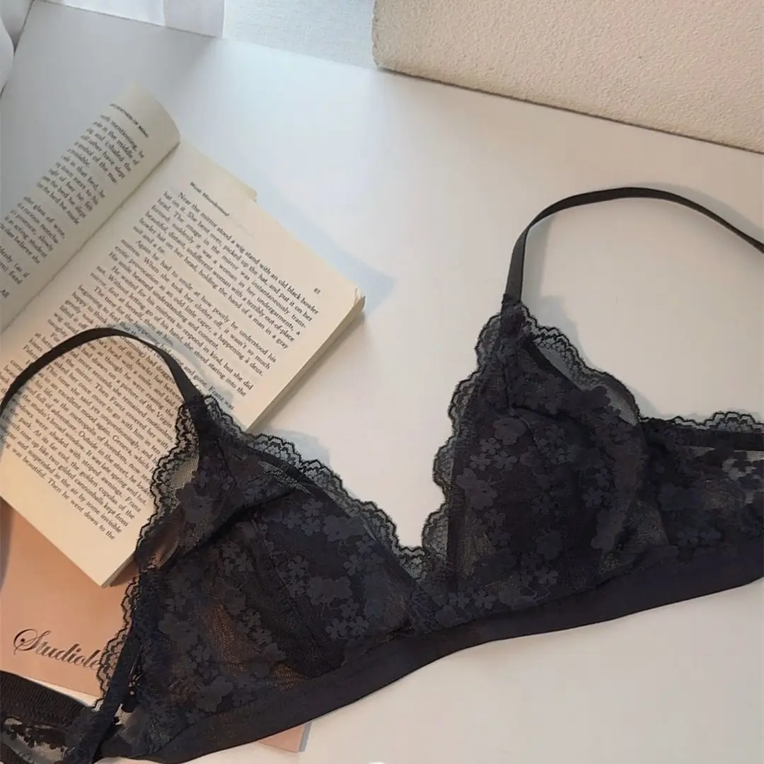 French Lace Sexy Women's Triangle Cup Underwear Small Breasts Summer Ultra-Thin Breathable Beautiful Back Bra