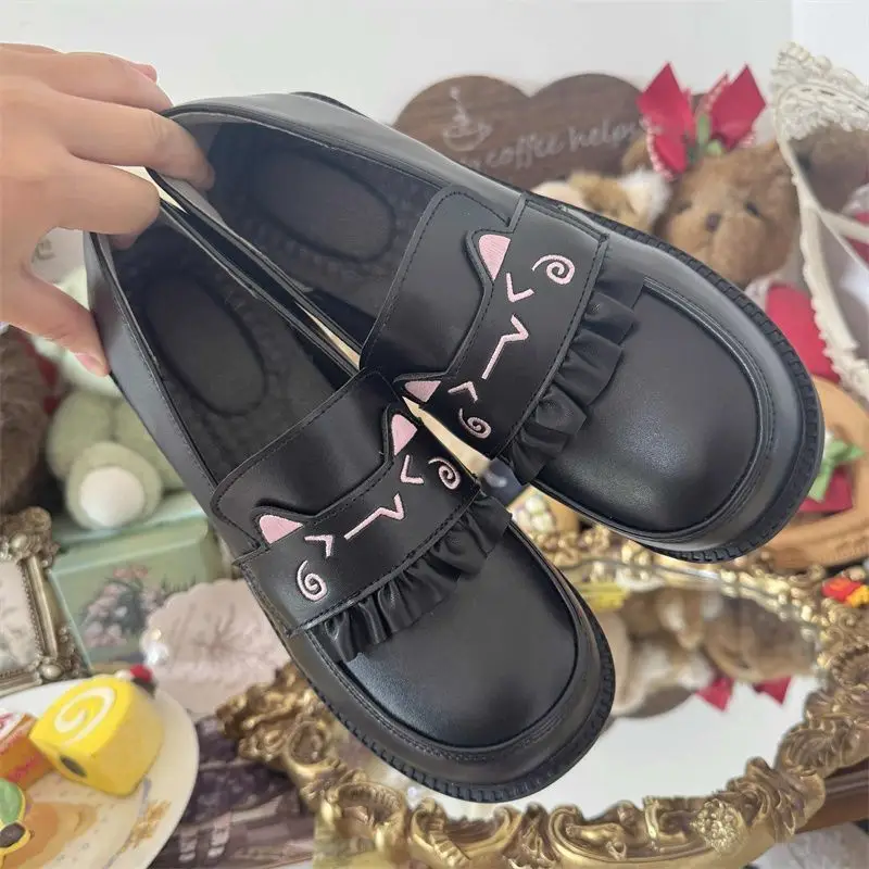 Kitten Embroidered Jk Shoes Black Brown Sweet Thick Sole - Image 7
