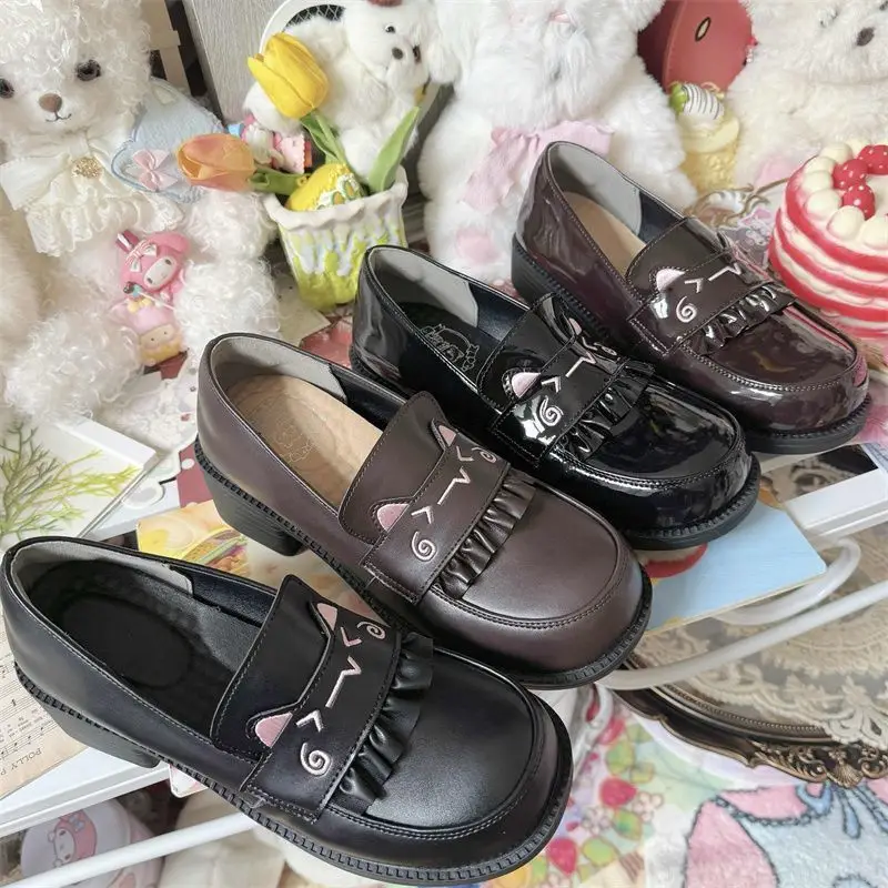 Kitten Embroidered Jk Shoes Black Brown Sweet Thick Sole - Image 8