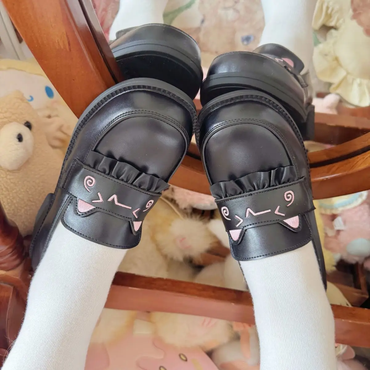 Kitten Embroidered Jk Shoes Black Brown Sweet Thick Sole — feature 11